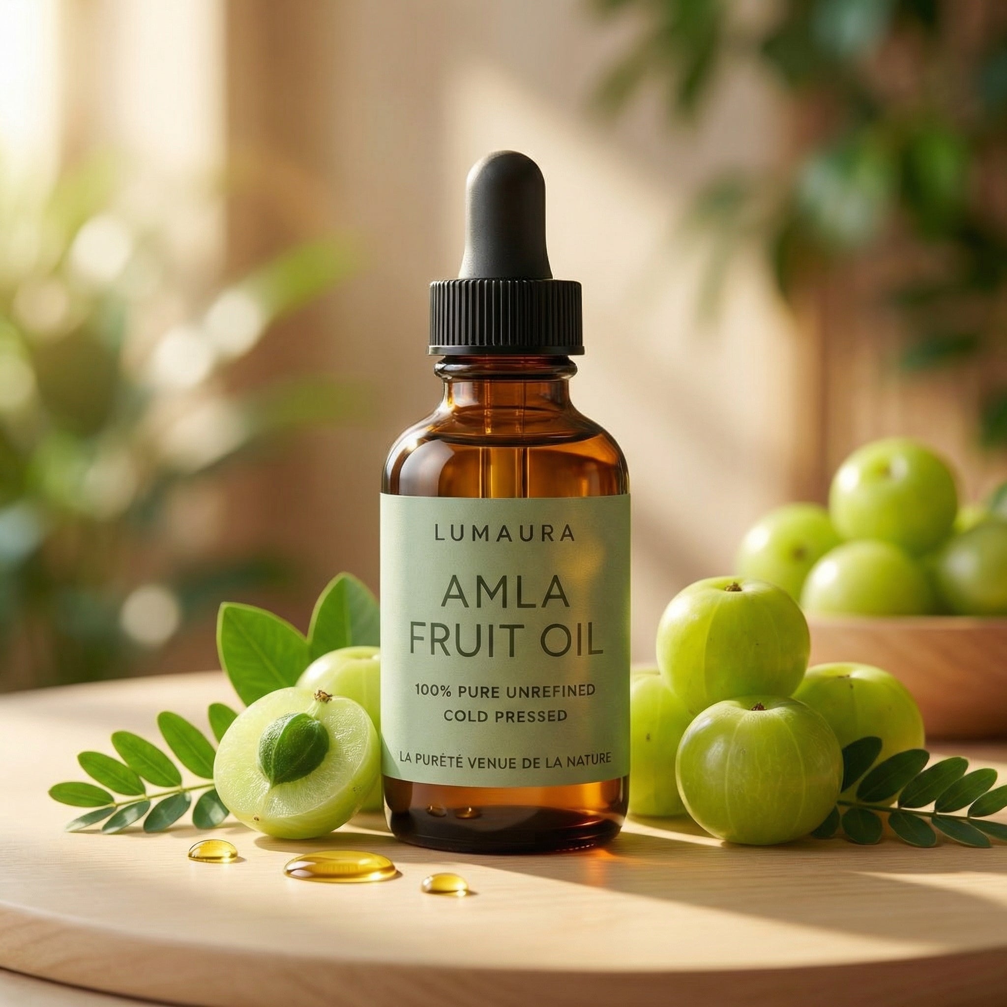 Amla oil bottle with fresh amla fruit for healthy hair
