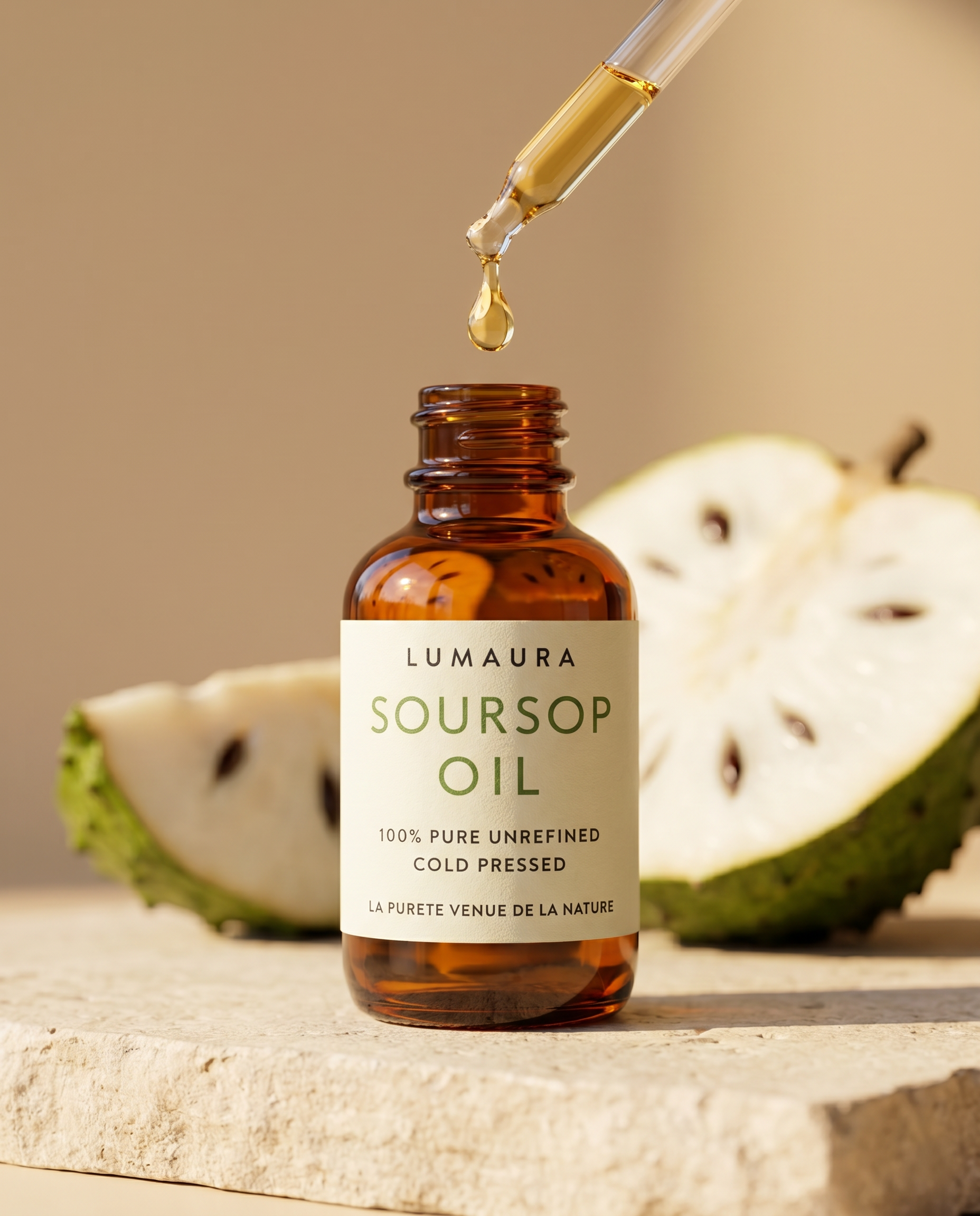 Soursop oil dropper bottle with Lumaura label, front view