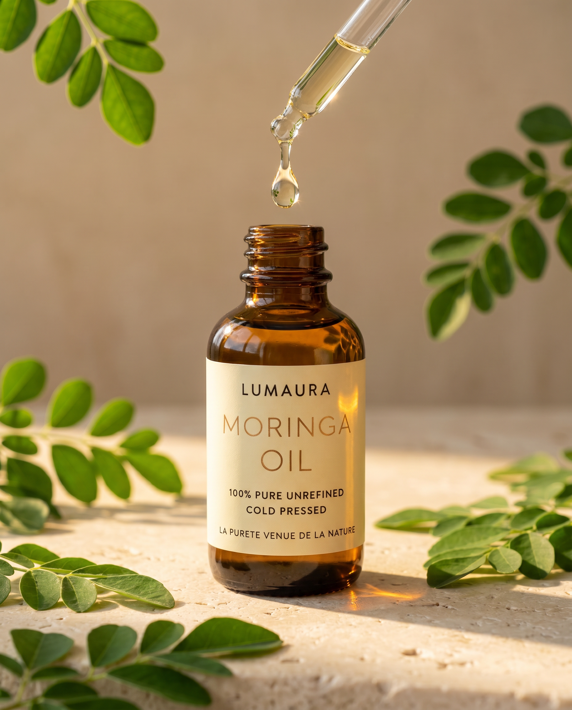 Moringa oil dropper bottle with Lumaura label, front view