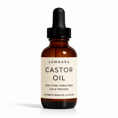 Lumaura organic castor oil in an amber glass bottle