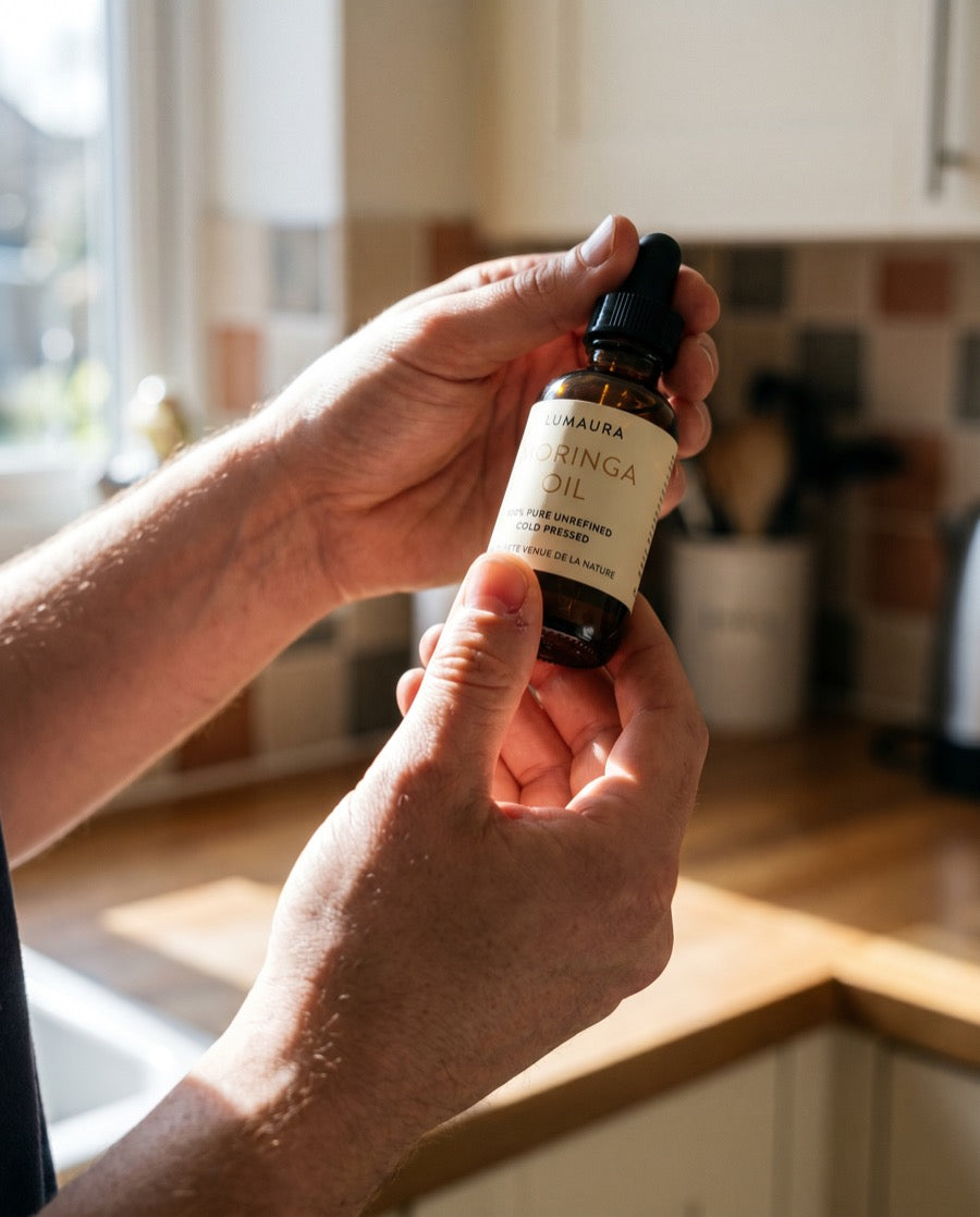 Bottle of Lumaura moringa seed oil held in a bright kitchen
